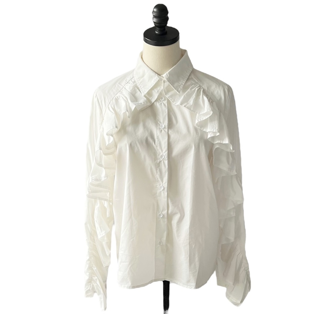 Sen Ruffled Sleeve White Button Down | MEDIUM